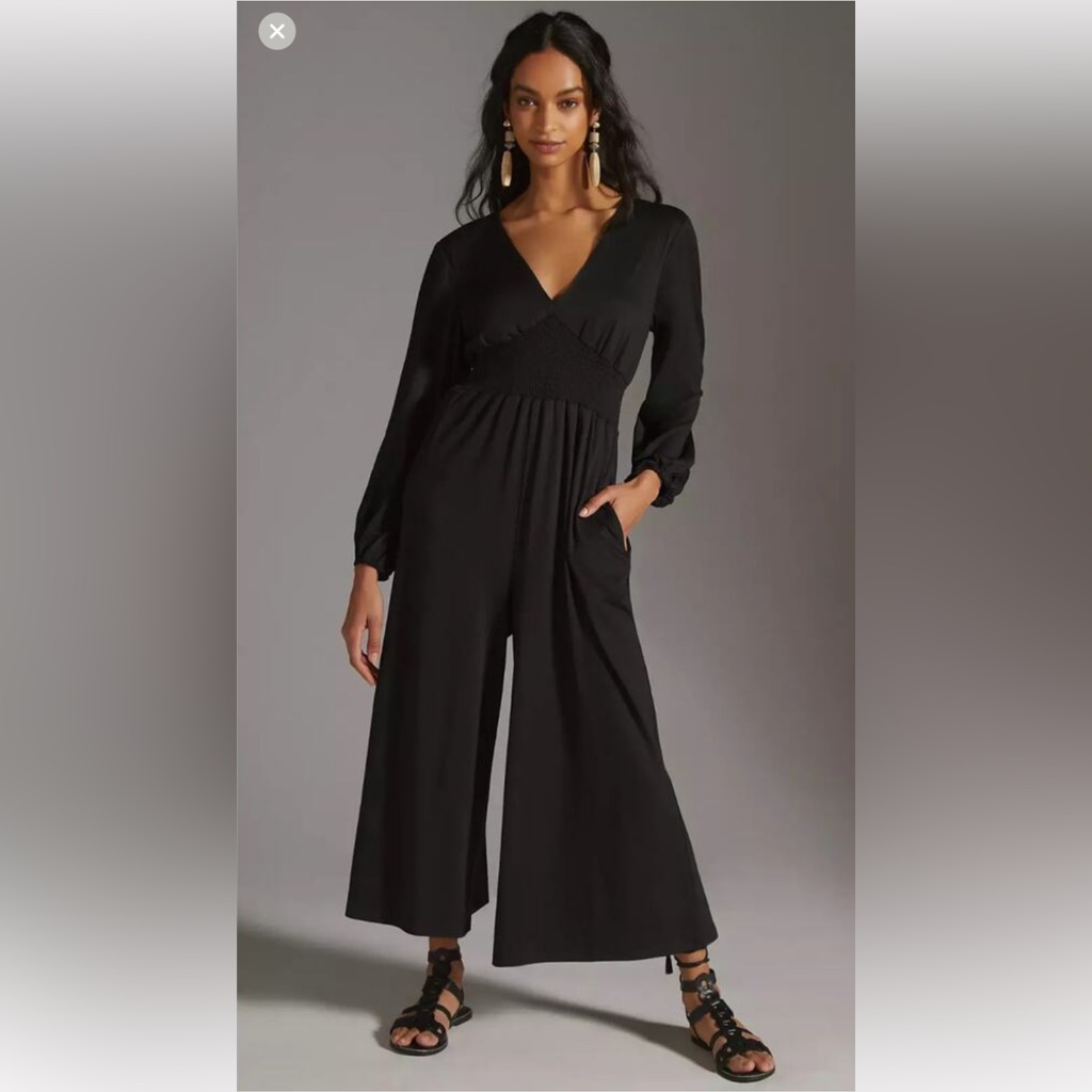 Anthropologie Hutch Deep V-Neck Wide Leg Jersey Knit Black Jumpsuit Size L